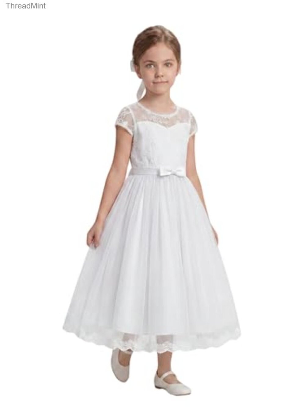 Lace Tulle Flower Girl Dress with Veil Formal Communion Party Gown